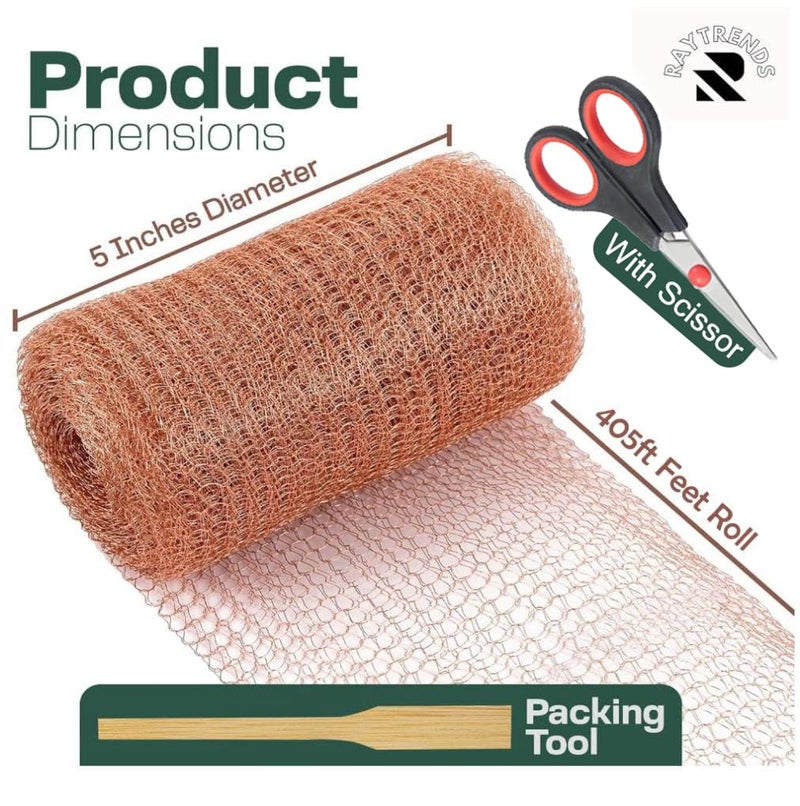 RAYTRENDS 3rd Gen Copper Mesh Rodent Control Kit 5" x 405ft, 100% Premium Copper Wool for Sealing Holes & Water Gaps, Blocks Slugs, Snails, Mice & Pests – with Scissors & Packing Tool - Image 2